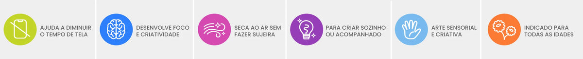 Benefícios YoClay: menos tempo de tela, foco e criatividade, seca ao ar, sozinho ou acompanhado